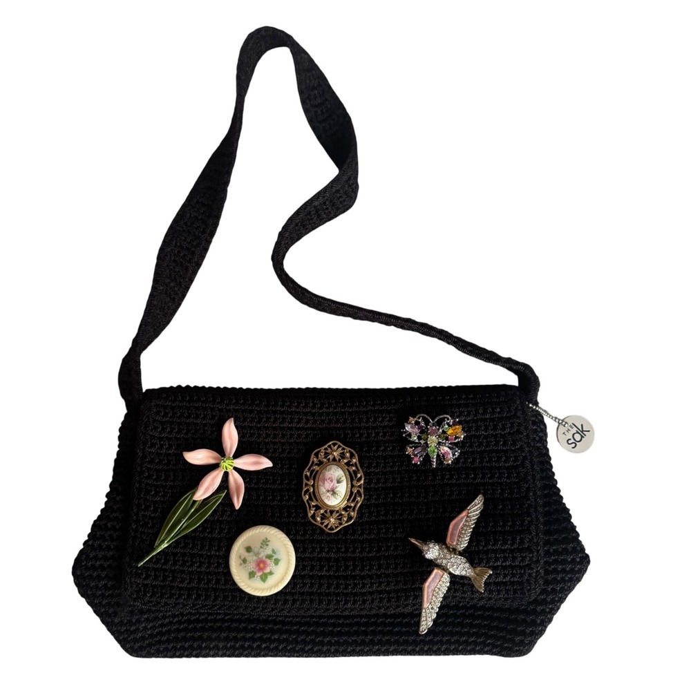 The Sak Knit Purse w/ Rare Vintage‎ Brooches Unique Shoulder Bag Avon & More